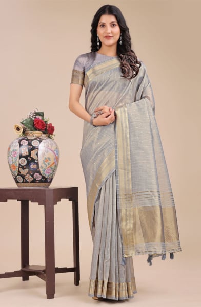 Grey Organza Woven Saree