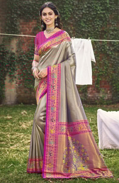 Grey Paithani Silk Zari Woven Saree
