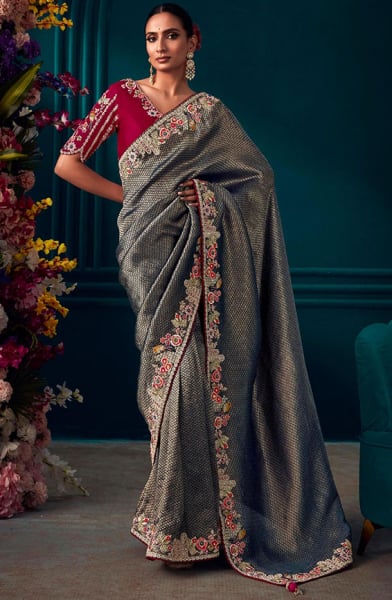 Grey Pure Banarasi Kanjivaram Silk Embroidered Saree