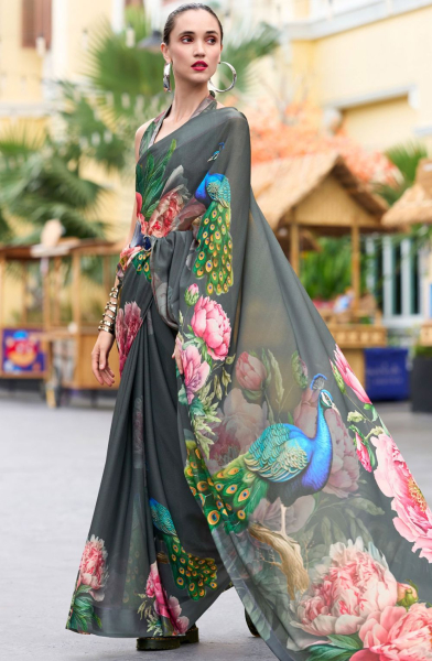 Grey Pure Georgette Printed Saree
