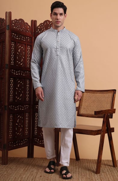 Grey Rayon Kurta Set for Men