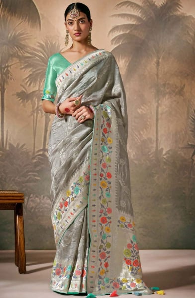 Grey Silk Designer Woven Work Saree