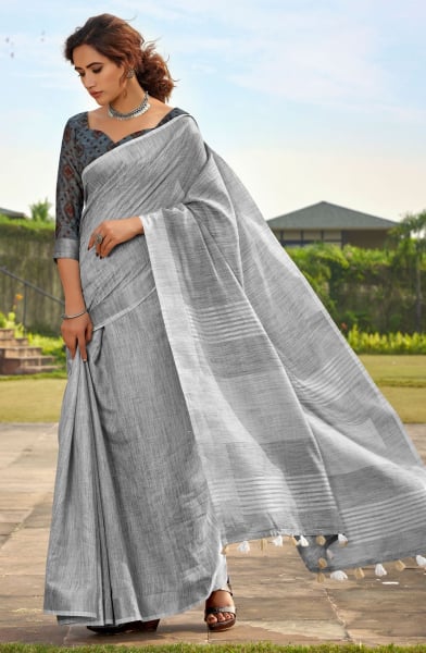 Grey Soft Linen Silk Saree