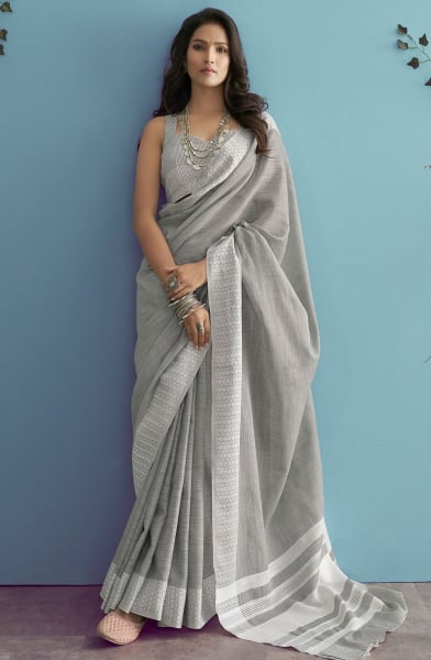 Grey Soft Linen Silk Saree