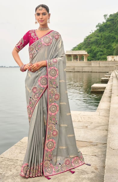 Grey Tissue Silk Embroidered Designer Saree 