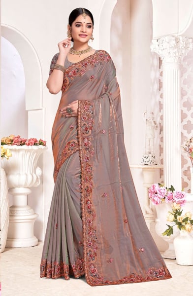 Grey Two Tone Silk Sequins Embroidered Saree