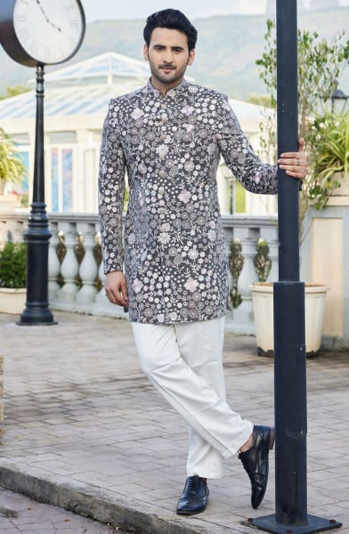Grey Velvet Computer Embroidered Indo Western Outfit