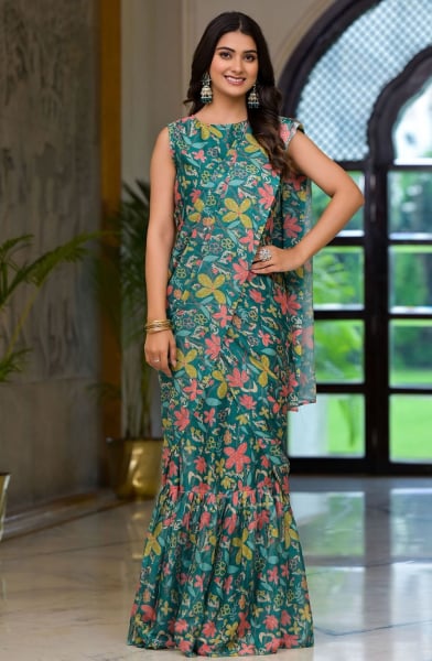 Rama Green Floral Print Georgette Saree Style Gown