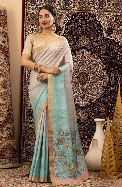 Handloom Silk Chiku Skyblue Saree
