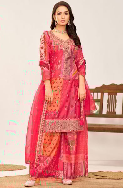 Hot Pink and Peach Embellished Chinnon Palazzo Kameez