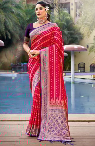 Hot Pink Banarasi Silk Woven Saree