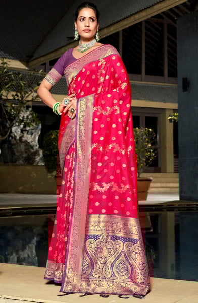 Hot Pink Banarasi Silk Woven Saree
