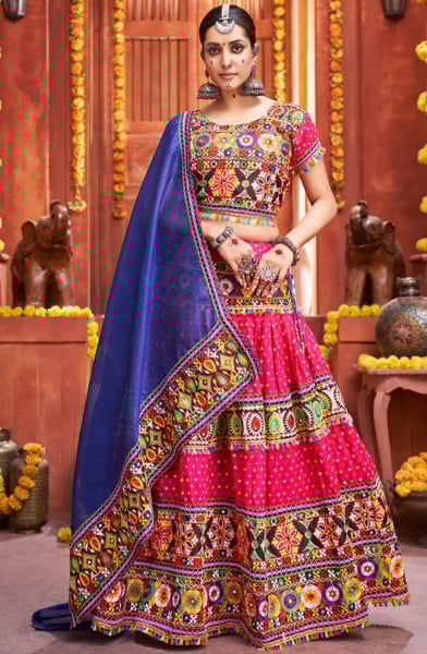 Hot Pink Cotton Silk Gamthi Work Chaniya Choli for Festival