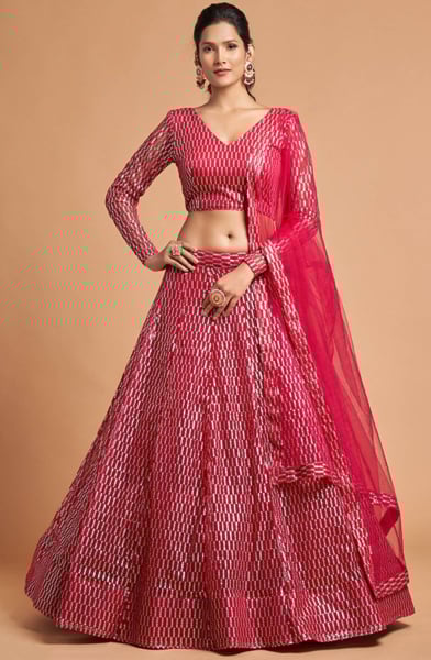 Hot Pink Embroidered Net Lehenga Choli for Wedding