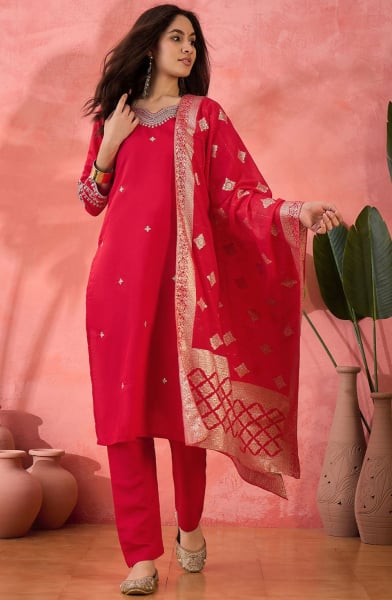 Hot Pink Embroidered Roman Silk Readymade Suit