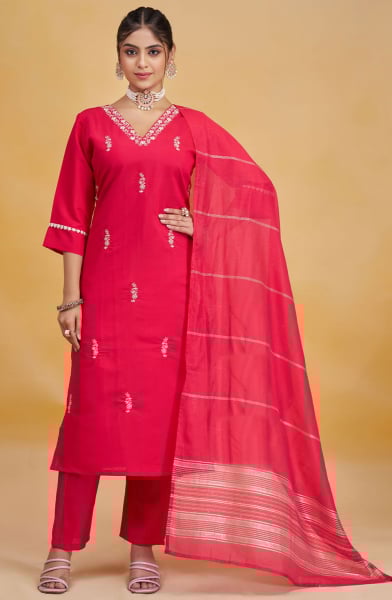 Hot Pink Embroidered Roman Silk Readymade Suit