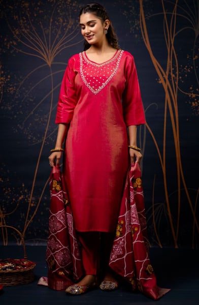 Hot Pink Embroidered Shimmer Silk Readymade Suit