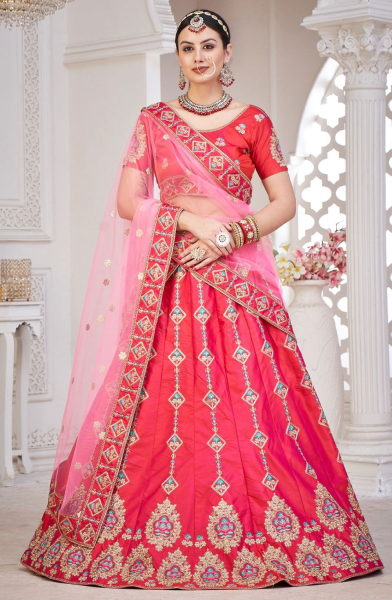 Hot Pink Embroidered Taffeta Silk Lehenga Choli