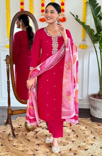 Hot Pink Embroidered Viscose Chanderi Readymade Suit