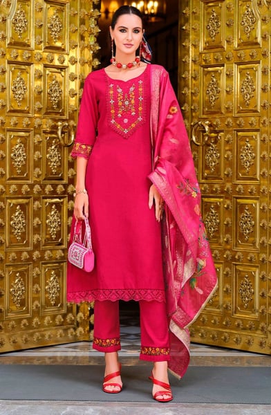 Hot Pink Embroidered Viscose Readymade Suit