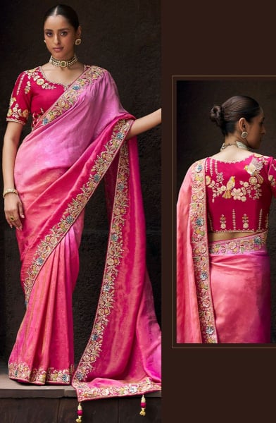Hot Pink Embroidered Viscose Tissue Designer Saree
