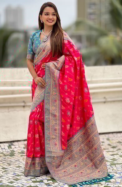 Hot Pink Meenakari Patola Silk Saree