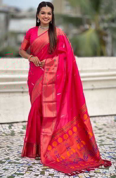 Hot Pink Meenakari Weaving Soft Silk Saree