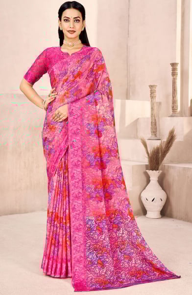Hot Pink Printed Chiffon Saree with Satin Border