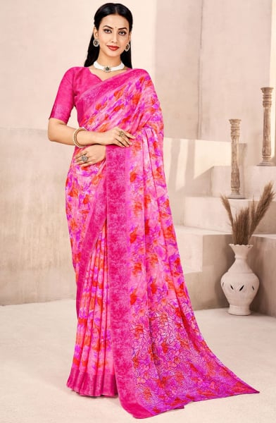 Hot Pink Printed Chiffon Saree with Satin Border