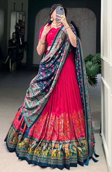 Hot Pink Printed Tussar Silk Lehenga Choli