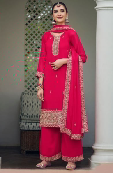 Hot Pink Real Georgette Heavy Embroidered Palazzo Kameez Suit