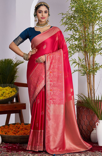 Hot Pink Satin Silk Saree for Party