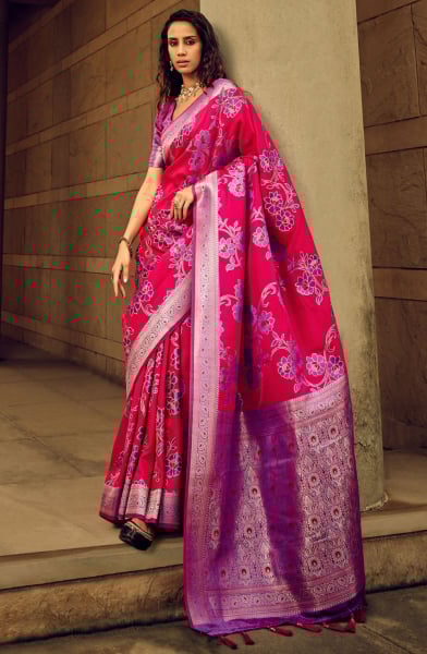 Hot Pink Zari Woven Satin Brasso Saree