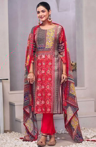 Hot Red Ajrakh Print Pure Muslin Silk Readymade Suit