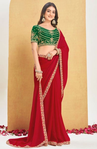 Hot Red Chiffon Saree with Embroidered Blouse