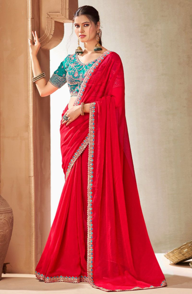 Hot Red Chiffon Saree with Embroidered Blouse