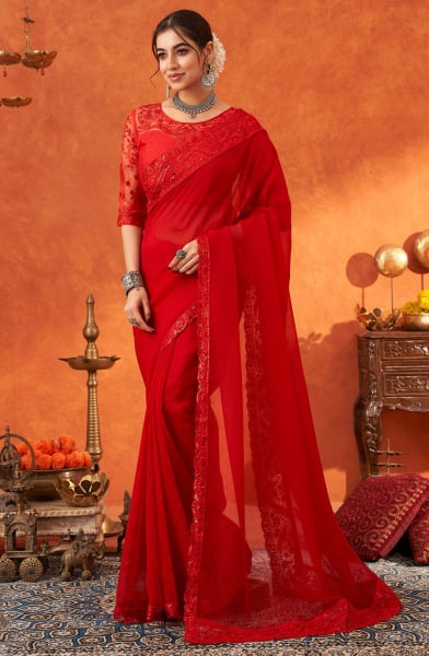 Hot Red Chiffon Silk Saree with Embroidered Blouse