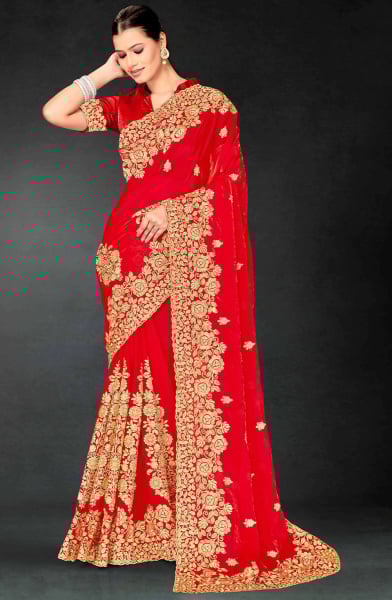 Hot Red Embroidered Fendi Silk Saree