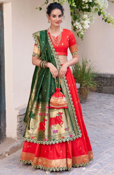 Hot Red Embroidered Jacquard Silk Lehenga Choli