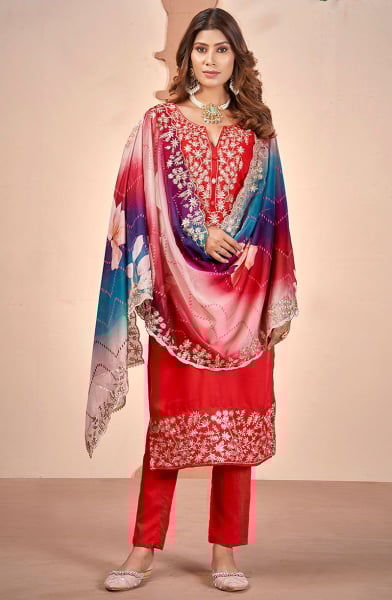Hot Red Embroidered Muslin Pant Kameez