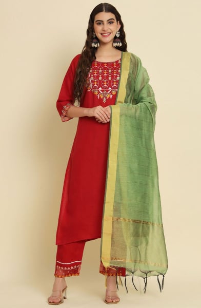 Hot Red Embroidered Silk Blend Readymade Suit