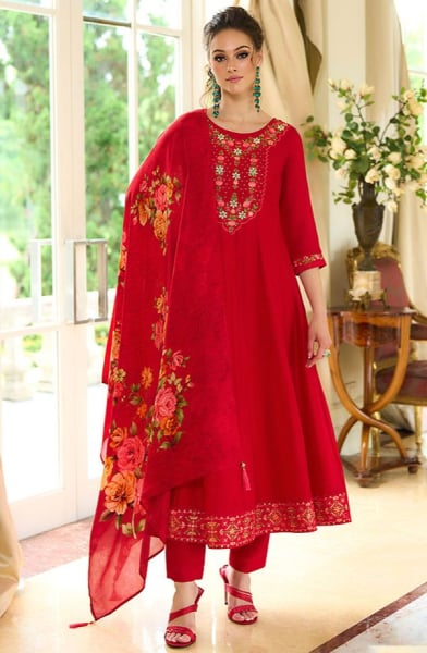 Hot Red Embroidered Silk Readymade Suit