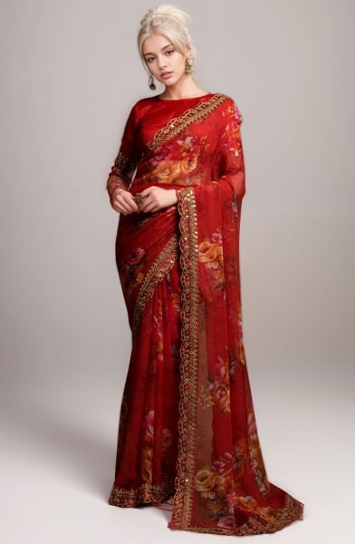 Hot Red Floral Print Georgette Saree