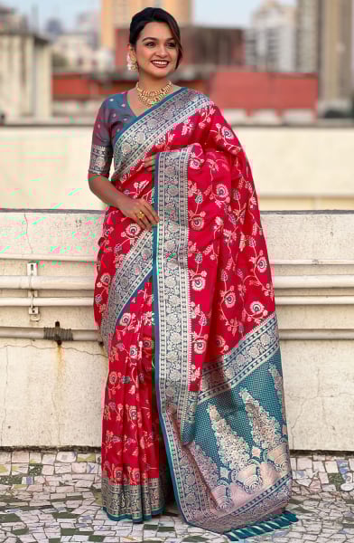Hot Red Meenakari Weaving Banarasi Silk Saree