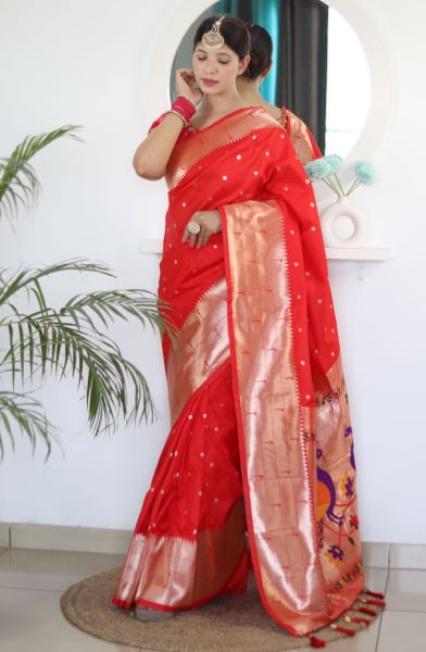 Hot Red Meenakari Woven Paithani Silk Saree