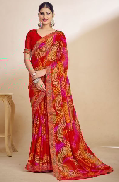 Hot Red Printed Chiffon Saree