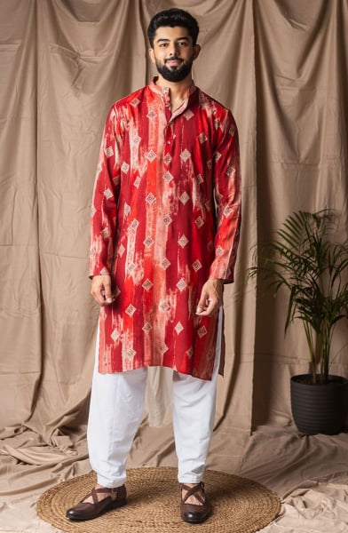 Hot Red Printed Modal Silk Kurta Set