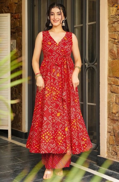 Hot Red Printed Rayon Flared Kurta with Palazzo