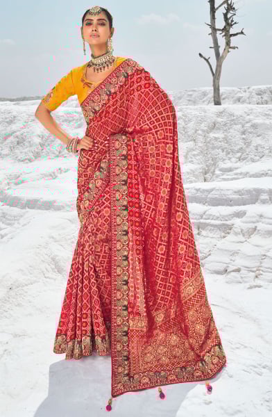 Hot Red Pure Georgette Bandhani Patola Saree with Double Blouse