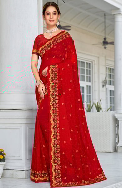 Hot Red Resham Embroidered Georgette Saree